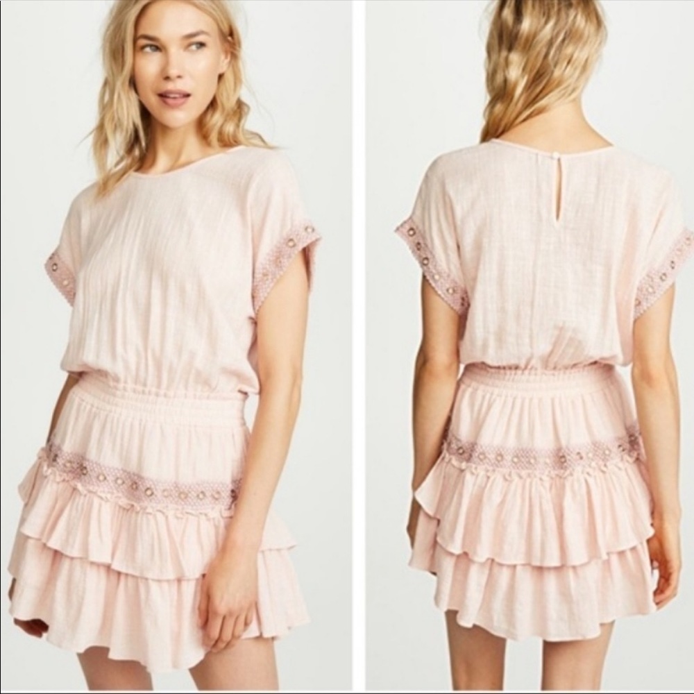 Misa Los Angeles Olivia Tiered Ruffle Crochet Embroidered Grommet Mini Dress XS